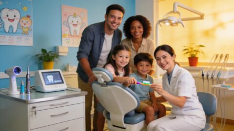 Happy family in a dental clinic, emphasizing the importance of regular dental checkups