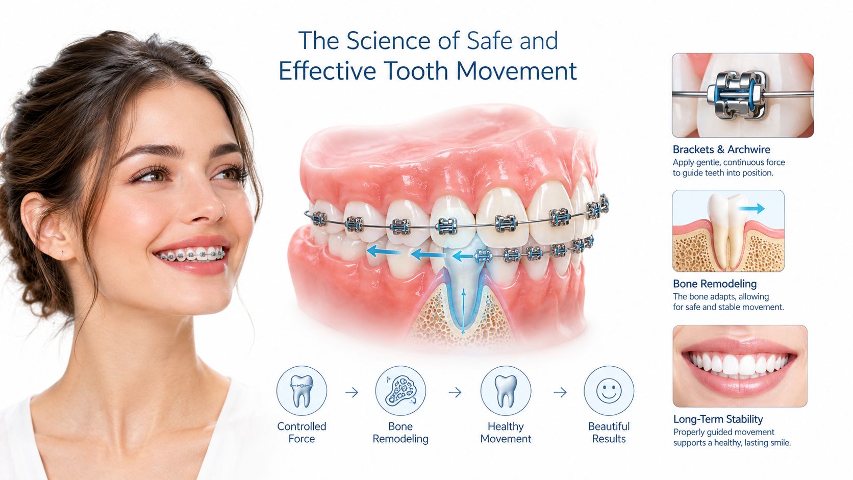 A dental diagram illustrating the science behind how braces apply force to move teeth and remodel bone.