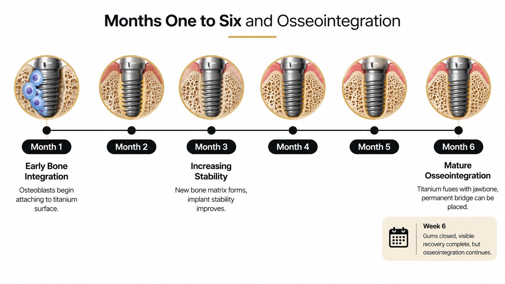 A timeline illustration showing the six-month dental implant osseointegration process from initial bone cell attachment to mature integration.