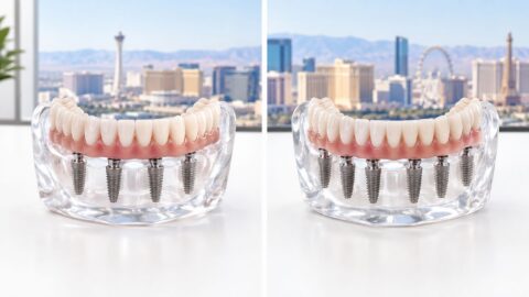 Comparison of All-on-4 and All-on-6 dental implants in Las Vegas, showcasing four versus six titanium