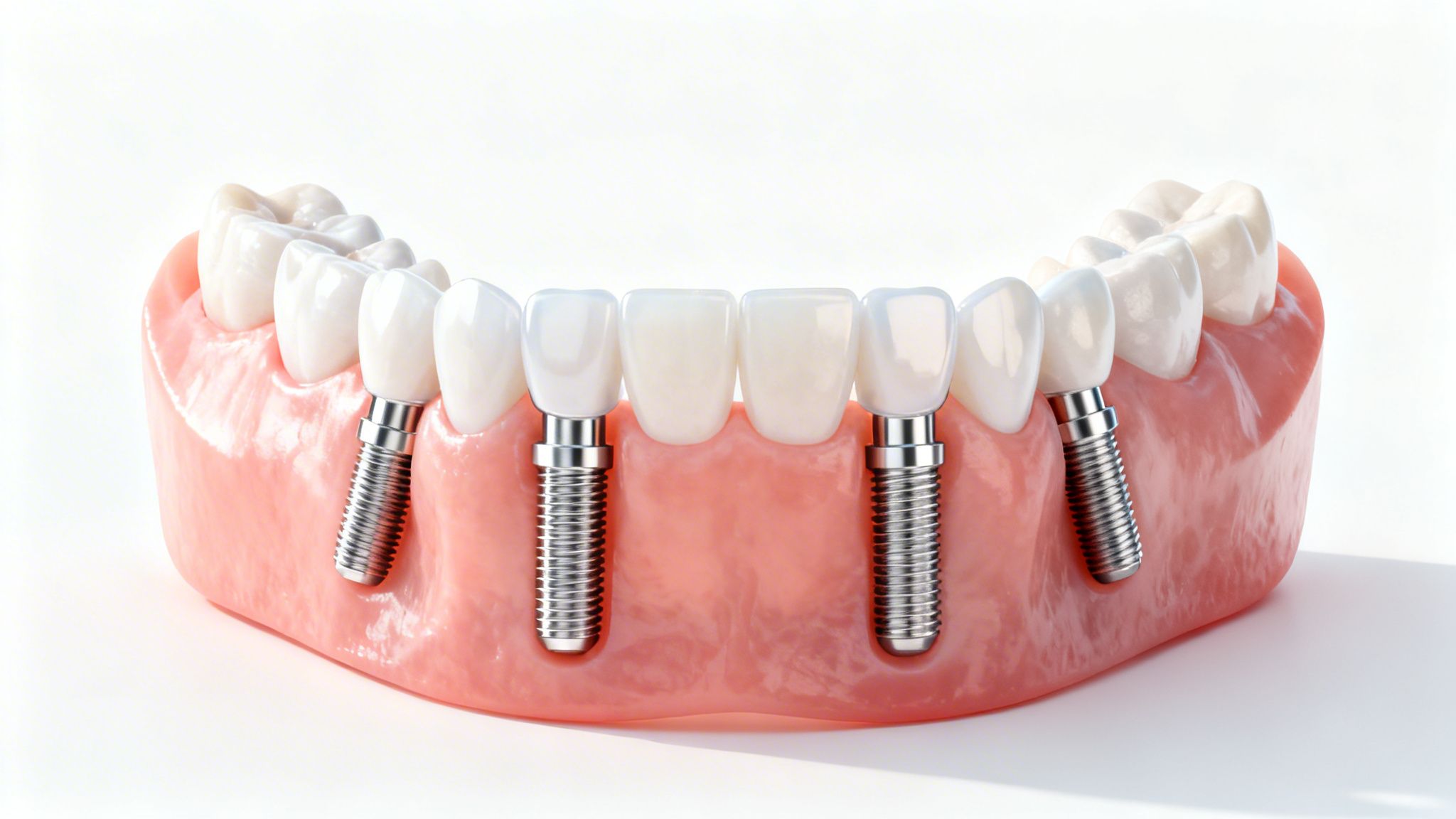A detailed dental model showing a full arch of white teeth, with several dental implants visible in the pink gum.
