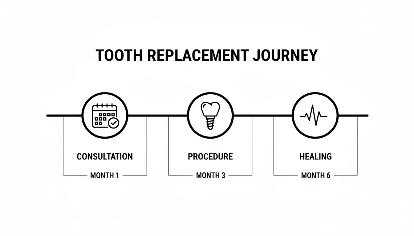 A timeline depicting the tooth replacement journey: consultation, procedure, and healing over six months.