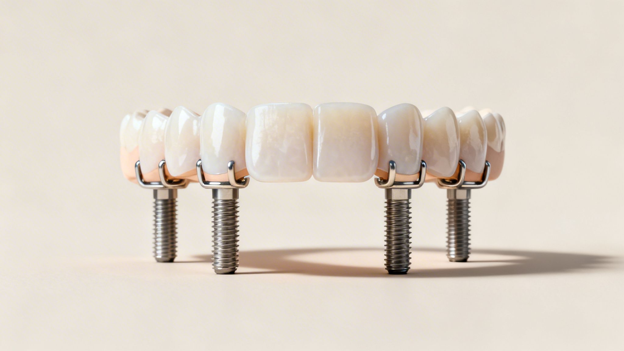 Close-up of a full dental implant bridge prosthesis on a light background, showcasing artificial teeth.