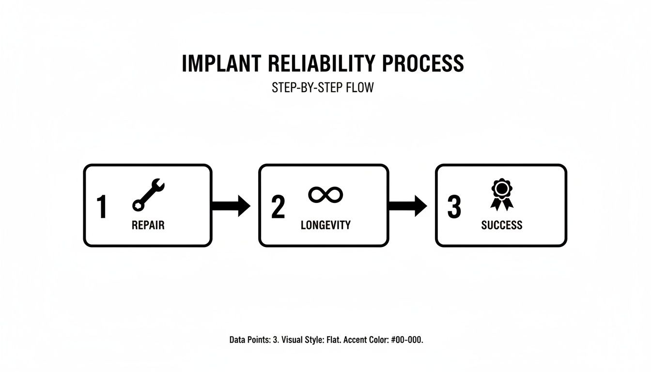 A step-by-step flowchart illustrating the implant reliability process: Repair, Longevity, and Success.