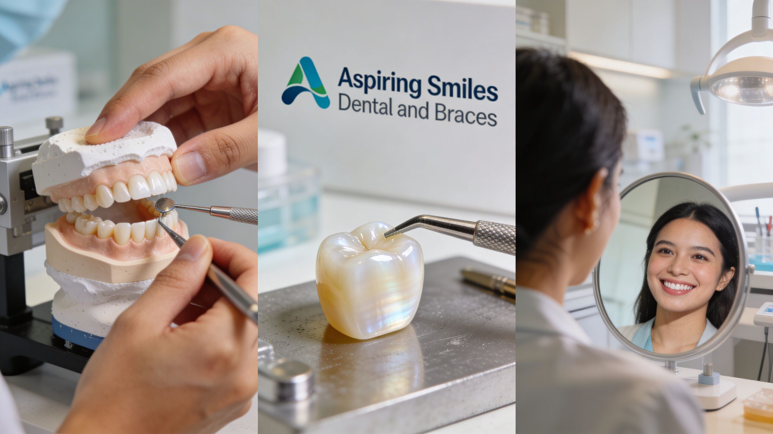 Dentist working on a dental model next to a tooth crown and a smiling patient with veneers.