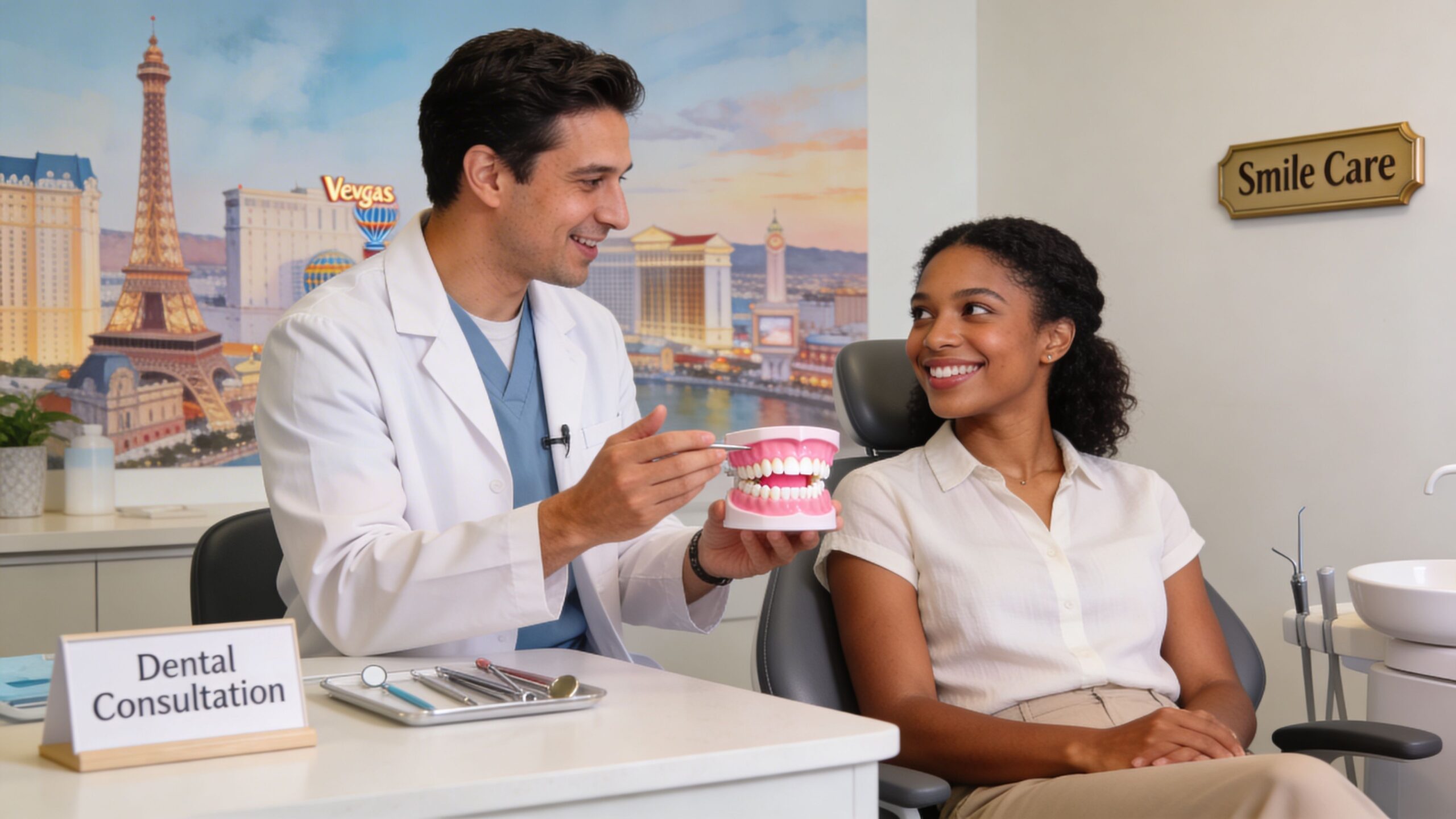 A friendly male dentist explaining a dental model to a smiling female patient during a consultation.
