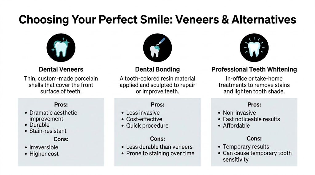 A comparison infographic showing the pros and cons of dental veneers, dental bonding, and professional teeth whitening.