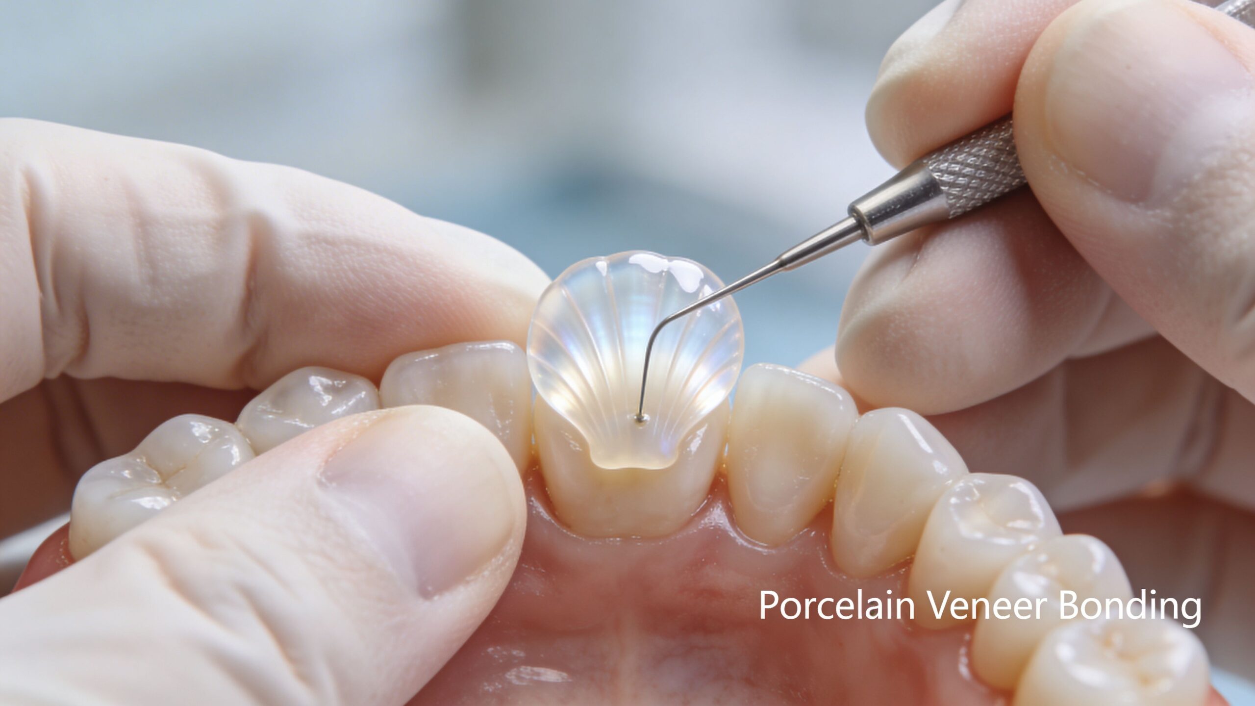 A dentist performing a porcelain veneer bonding procedure on a patient's tooth with precision dental tools.