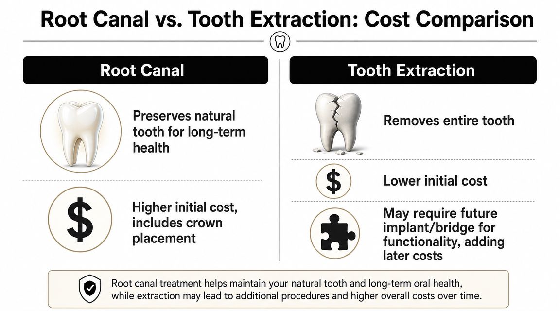 A comparison infographic detailing the costs and benefits of root canal treatment versus tooth extraction procedures.