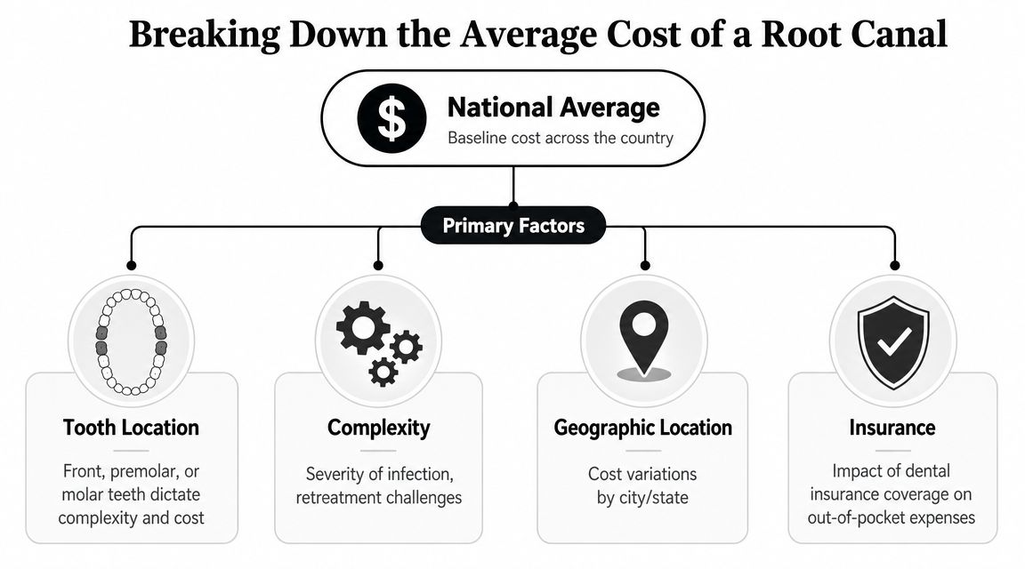 A diagram illustrating the primary factors that influence the total average cost of a root canal procedure.