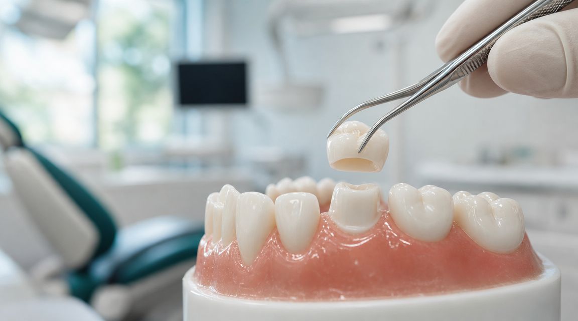 A gloved dentist holding a dental crown with metal tweezers above a model of human teeth.