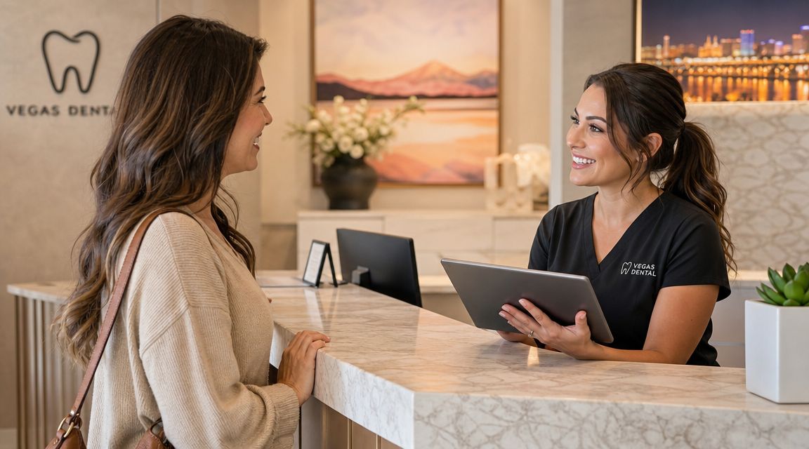 A friendly receptionist at a modern dental office greeting a patient at the front desk area.