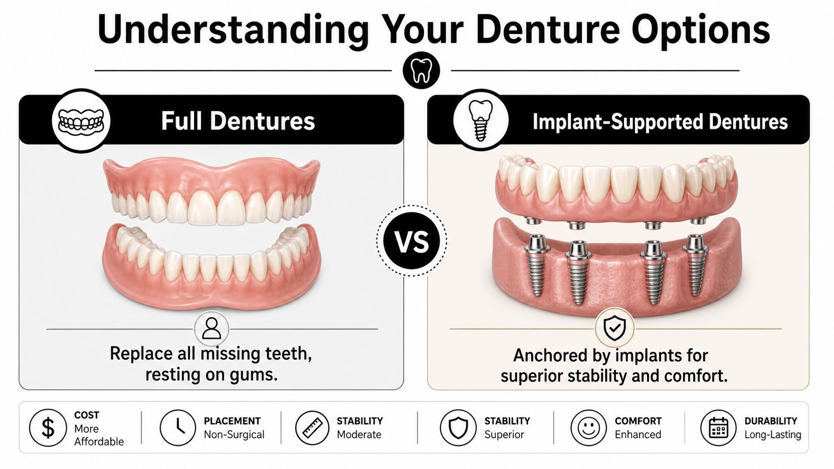 A comparison infographic between traditional full dentures and modern implant-supported dentures showing key differences in stability and comfort.