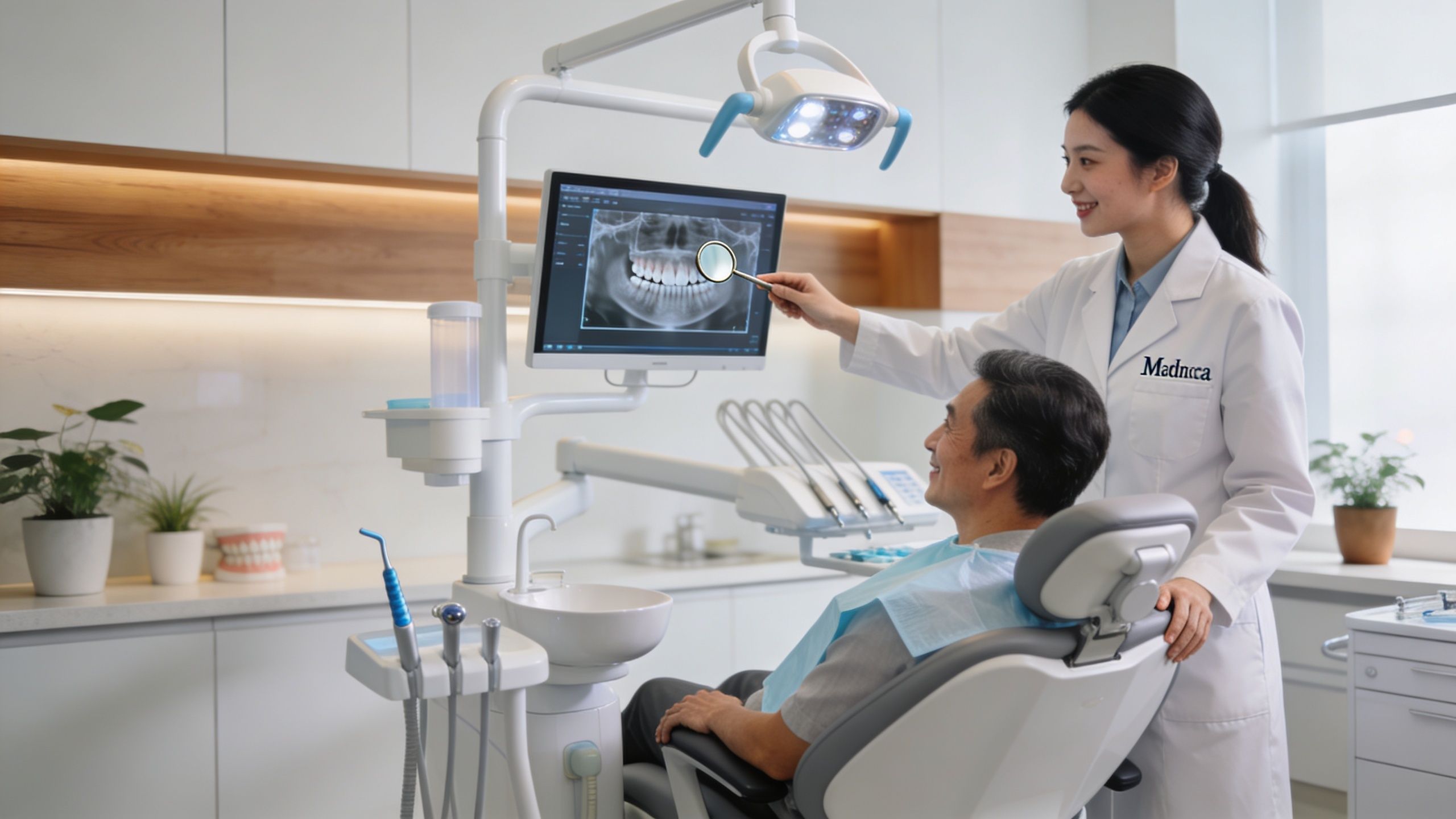 A friendly female dentist explains dental x-rays on a screen to an elderly male patient in clinic.
