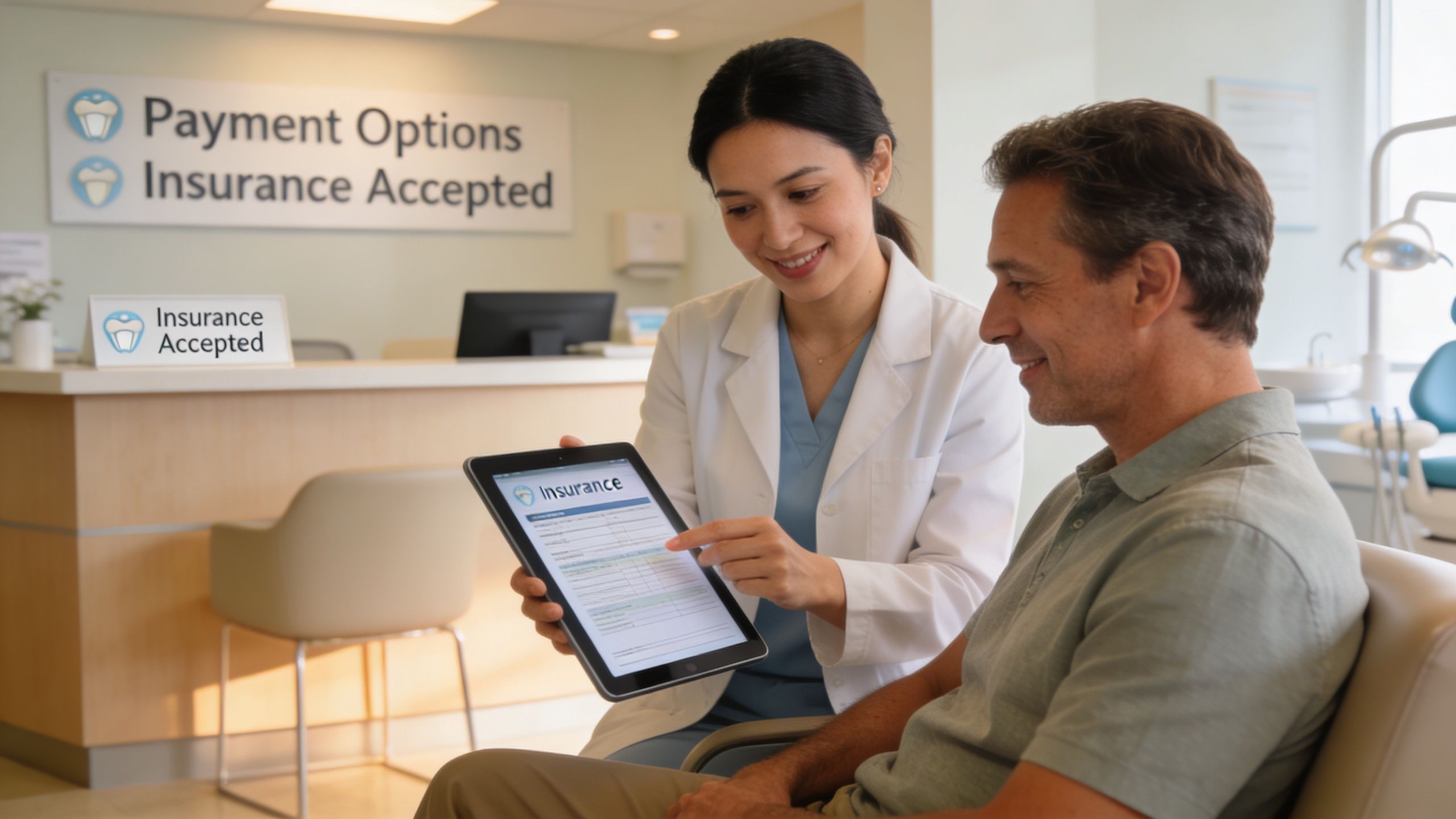 A friendly female dentist explains insurance payment options to a male patient using a tablet computer.
