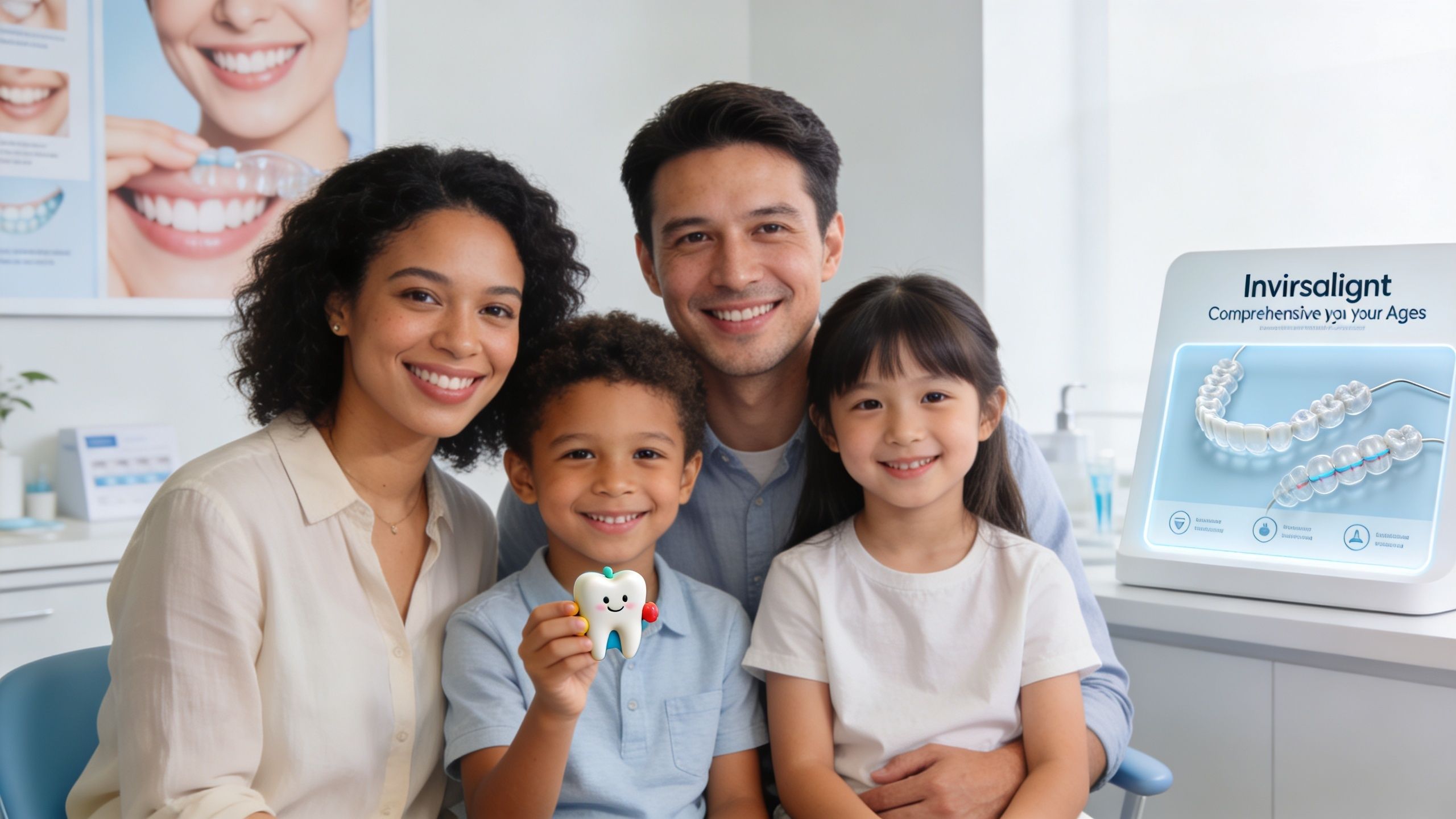 A happy multi-ethnic family of four posing together at a dental clinic with a friendly dentist model