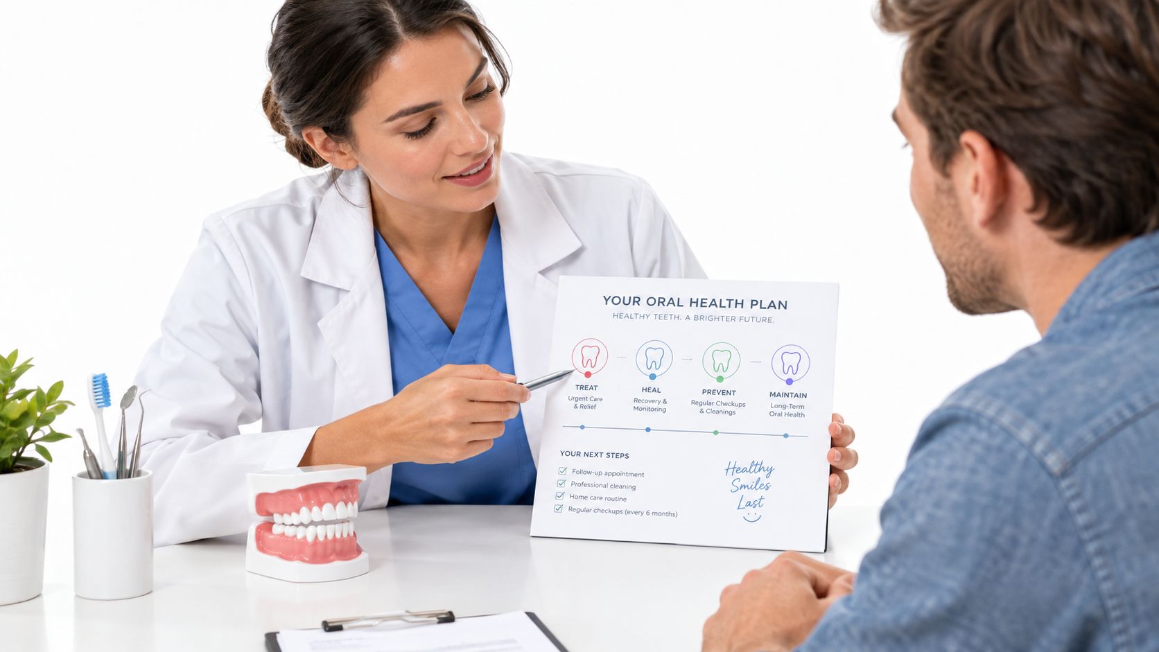 A female dentist smiling while explaining an oral health care plan to her patient in the office.