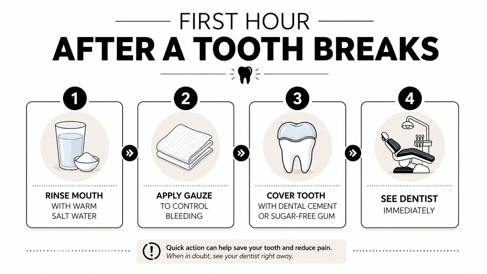 A four-step infographic showing how to manage a broken tooth during the first hour of injury.