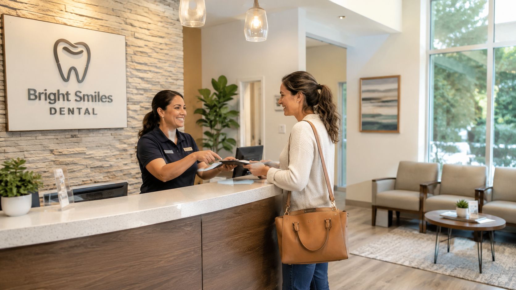 A friendly dental receptionist handing a clipboard to a patient at the front desk of a dental office.