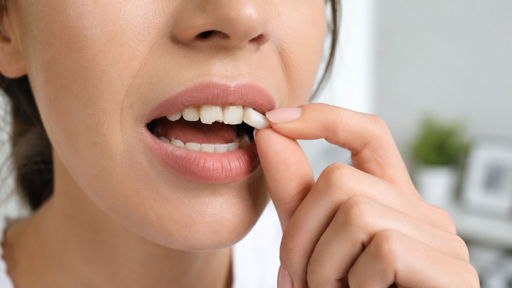A close-up view of a woman holding a small piece of a broken tooth repair material.