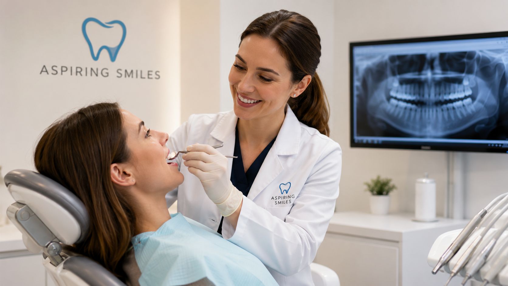 A smiling dentist performs a dental check-up on a female patient in a modern dental clinic office.