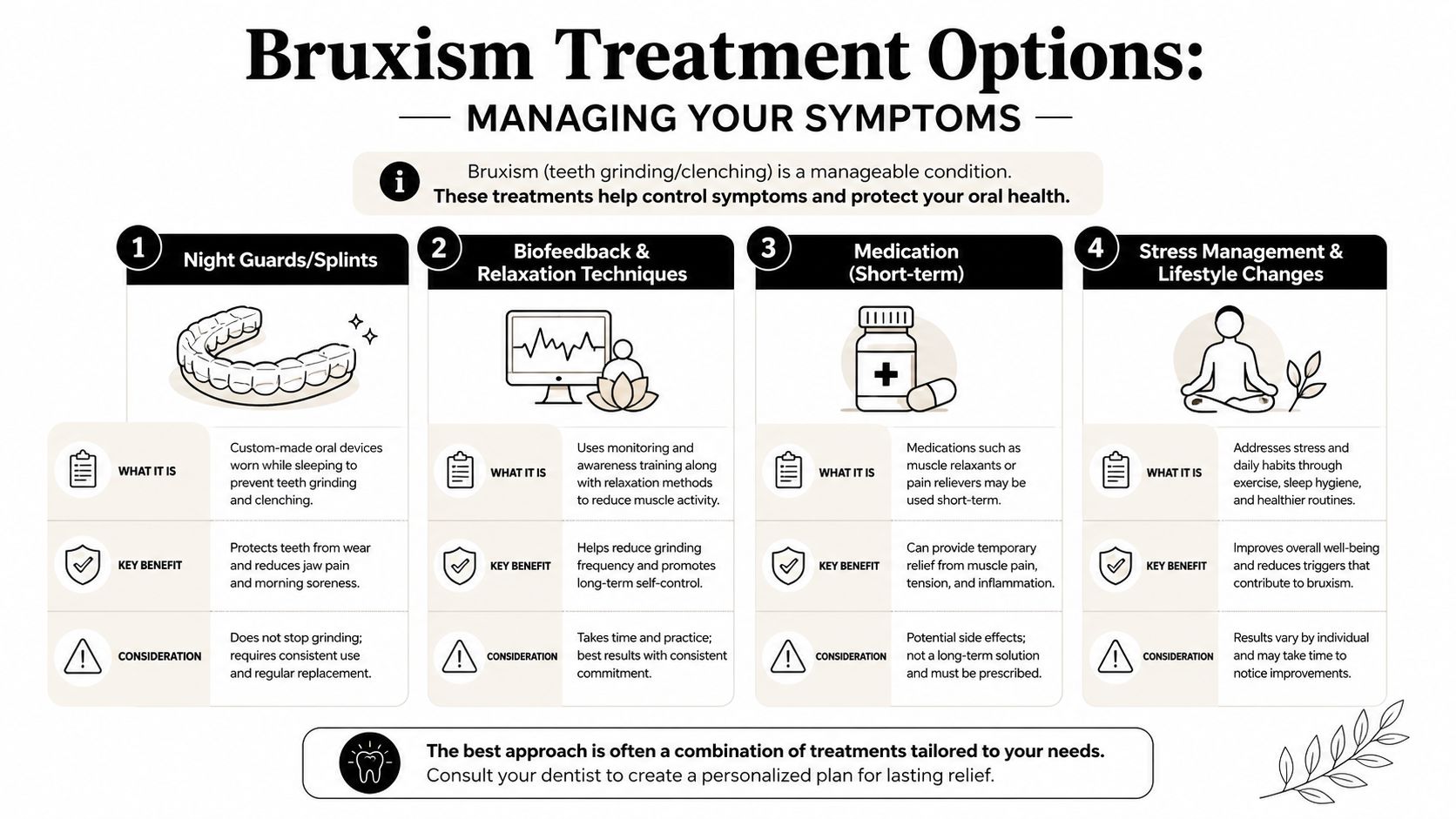 An infographic detailing four main treatment options for managing bruxism, including night guards, relaxation, medication, and lifestyle changes.