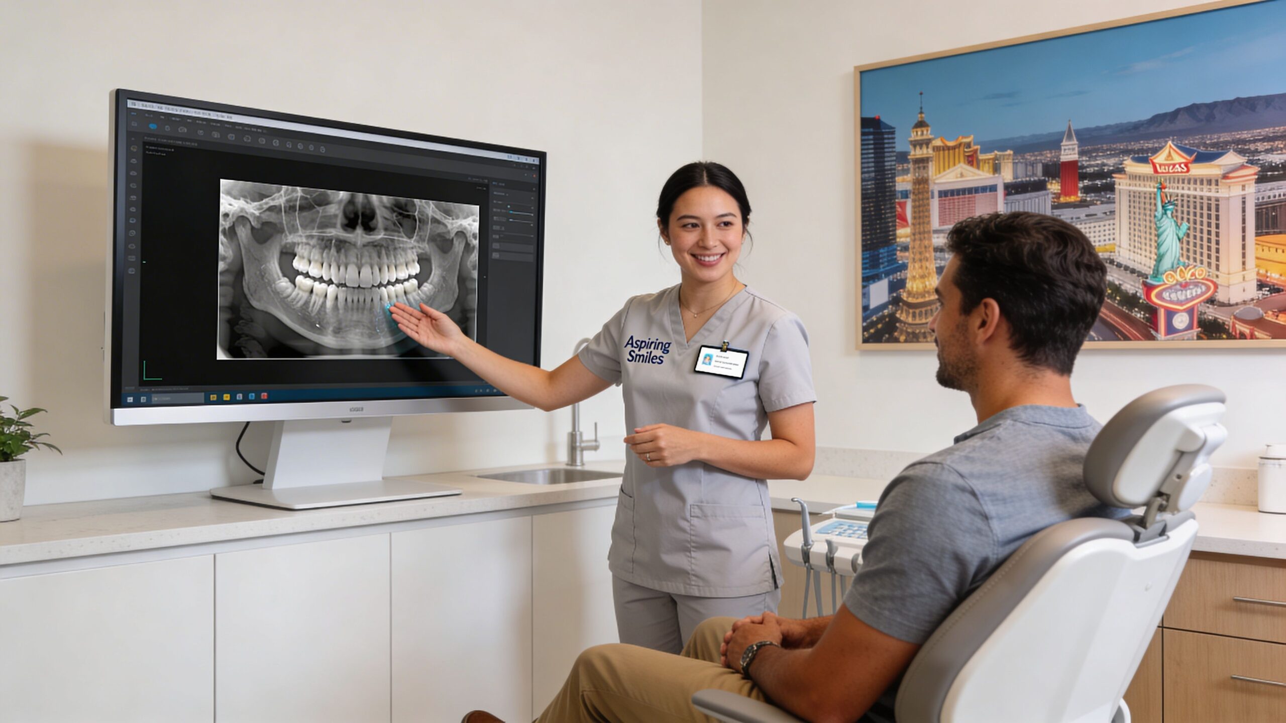 A female dentist smiling and explaining dental X-rays on a large screen to a male patient.