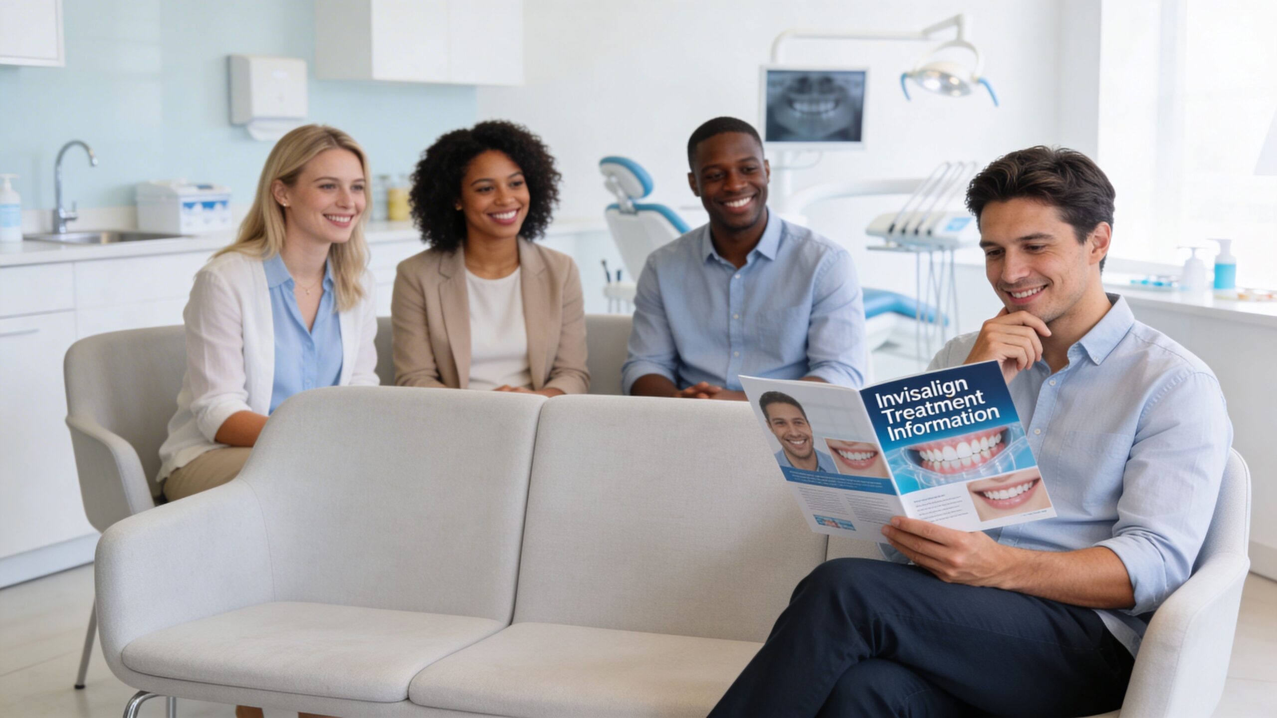 A group of diverse people sitting in a modern dental office waiting area reading a brochure.