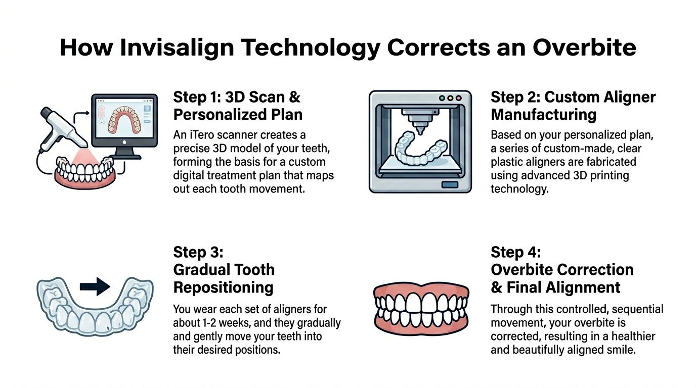 A four-step infographic illustrating how Invisalign technology scans, manufactures, and uses aligners to fix an overbite.