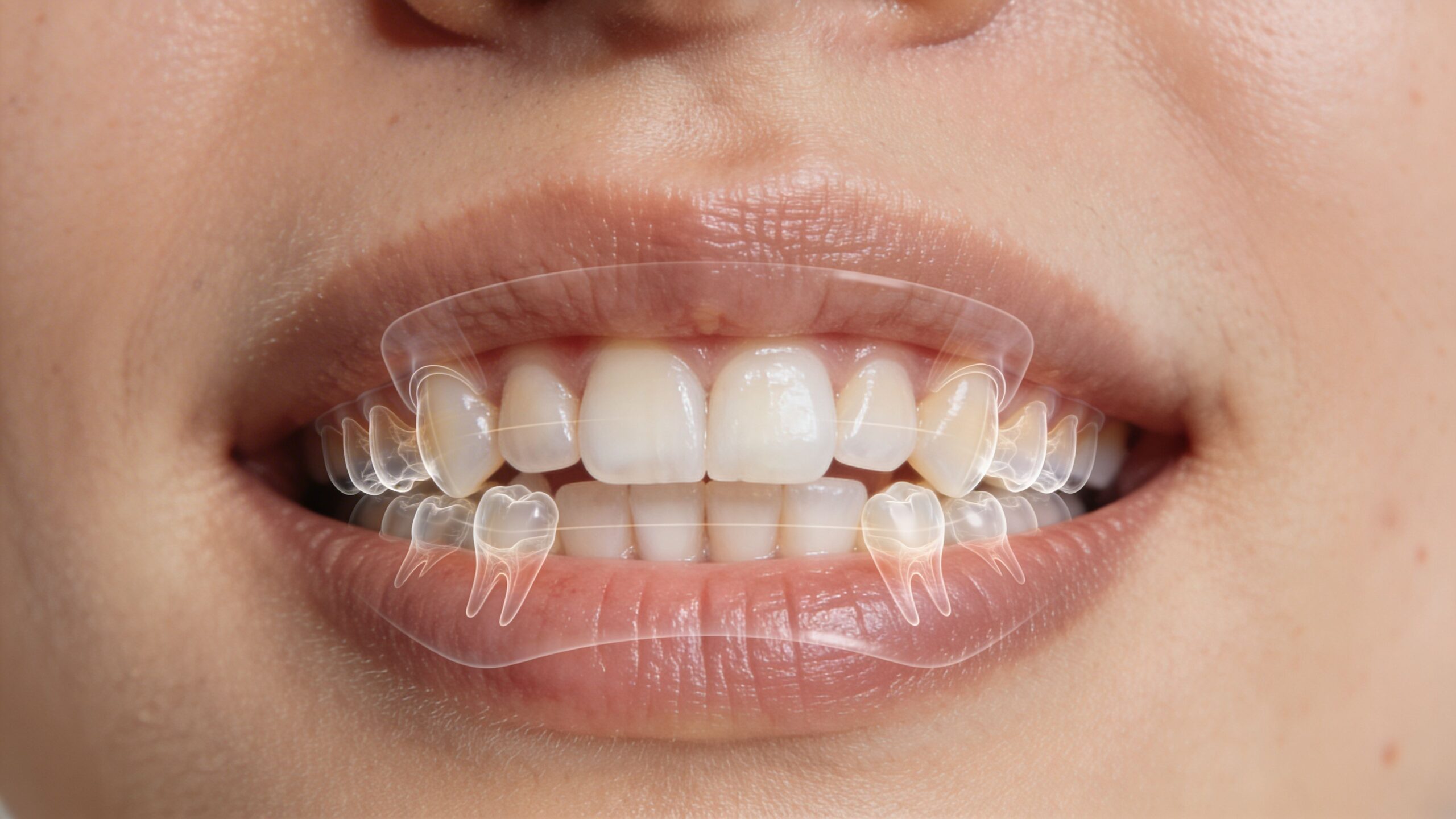 Close up of a person smiling with a digital overlay showing clear teeth alignment trays over teeth.