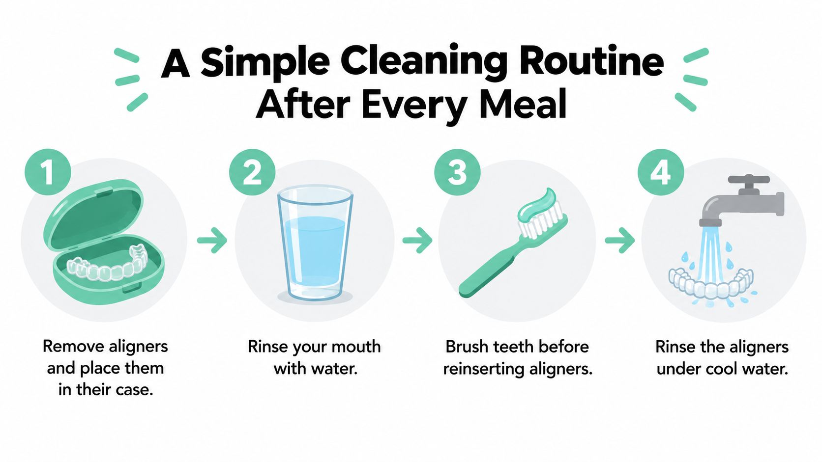 An instructional graphic showing four simple steps to clean your teeth and aligners after every meal.