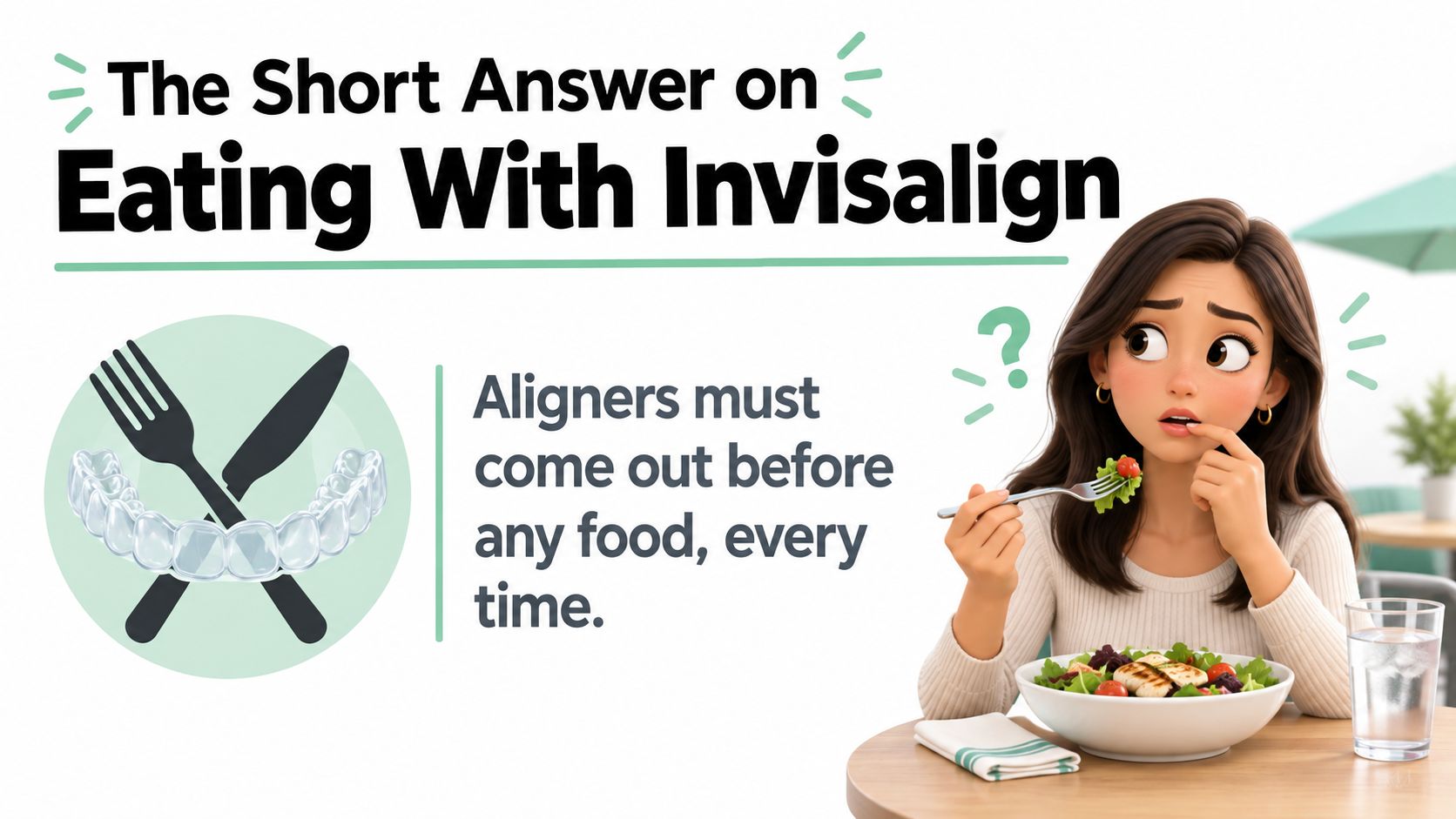 An educational graphic stating that Invisalign aligners must be removed before eating any food, every time.