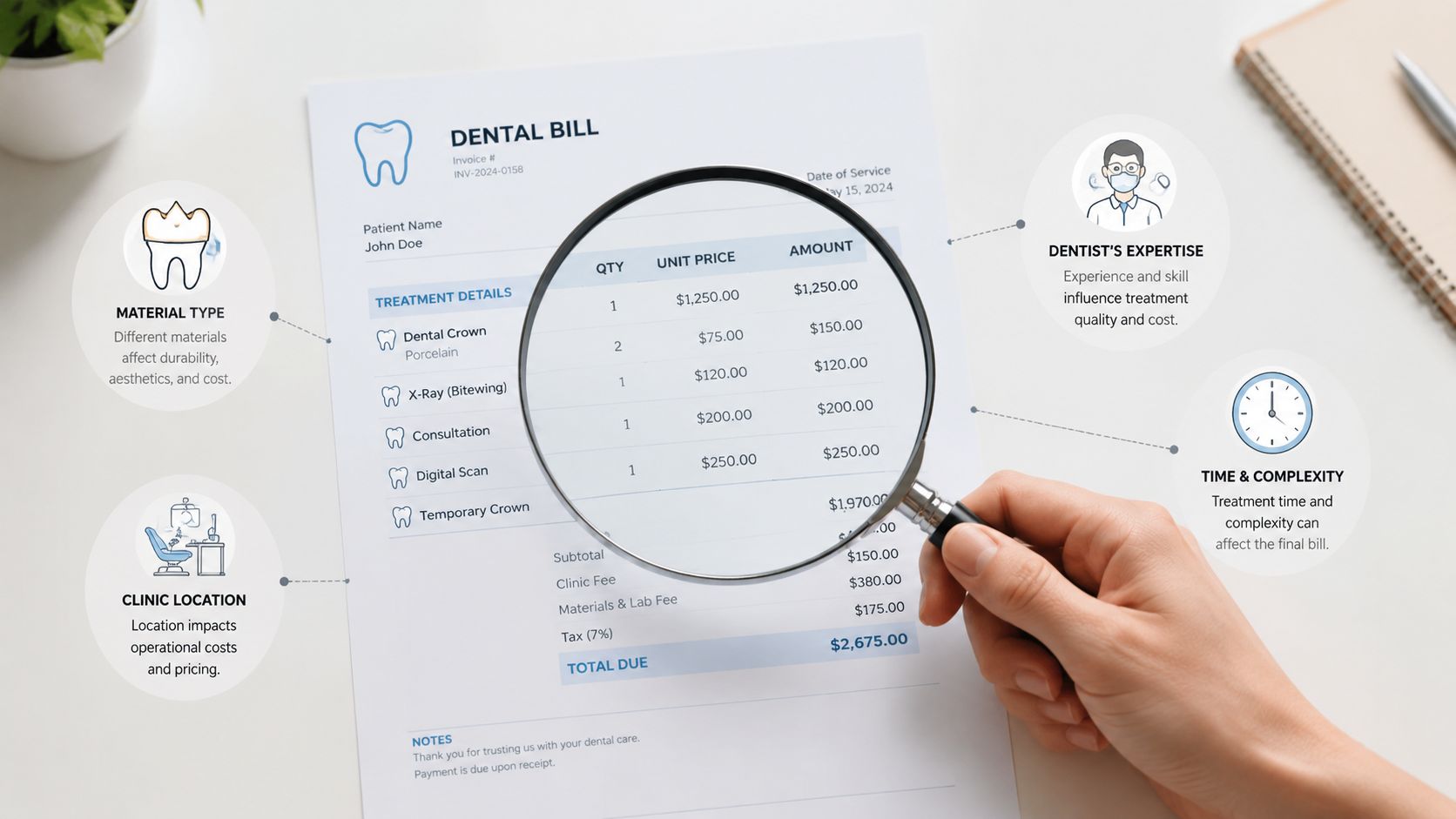 A hand holding a magnifying glass over a dental bill, highlighting costs and clinic billing transparency.