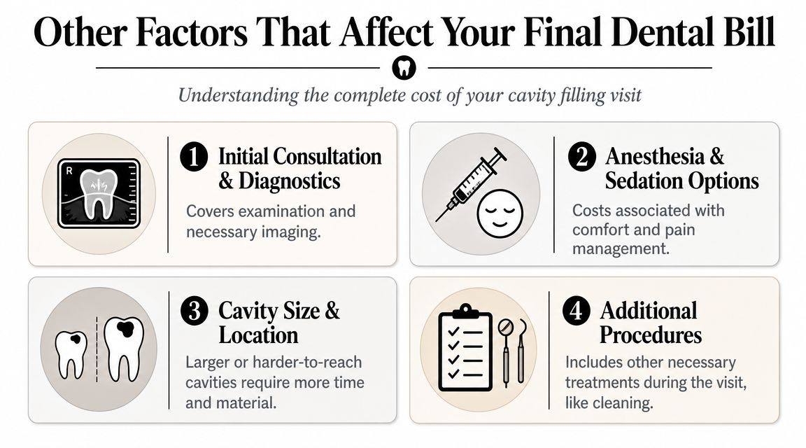 An infographic showing four key factors influencing the total cost of a professional dental cavity filling procedure.