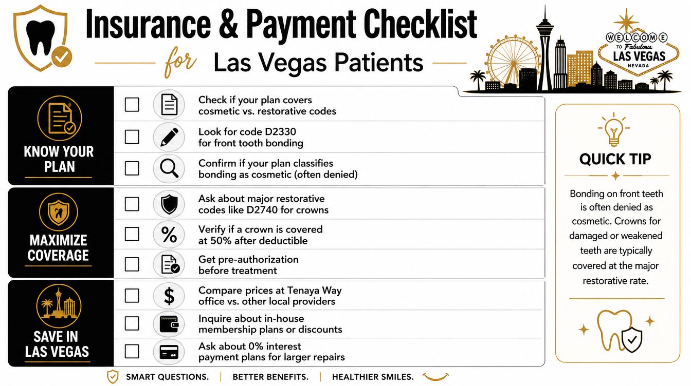An insurance and payment checklist infographic for dental patients in Las Vegas, including tips for dental coverage.