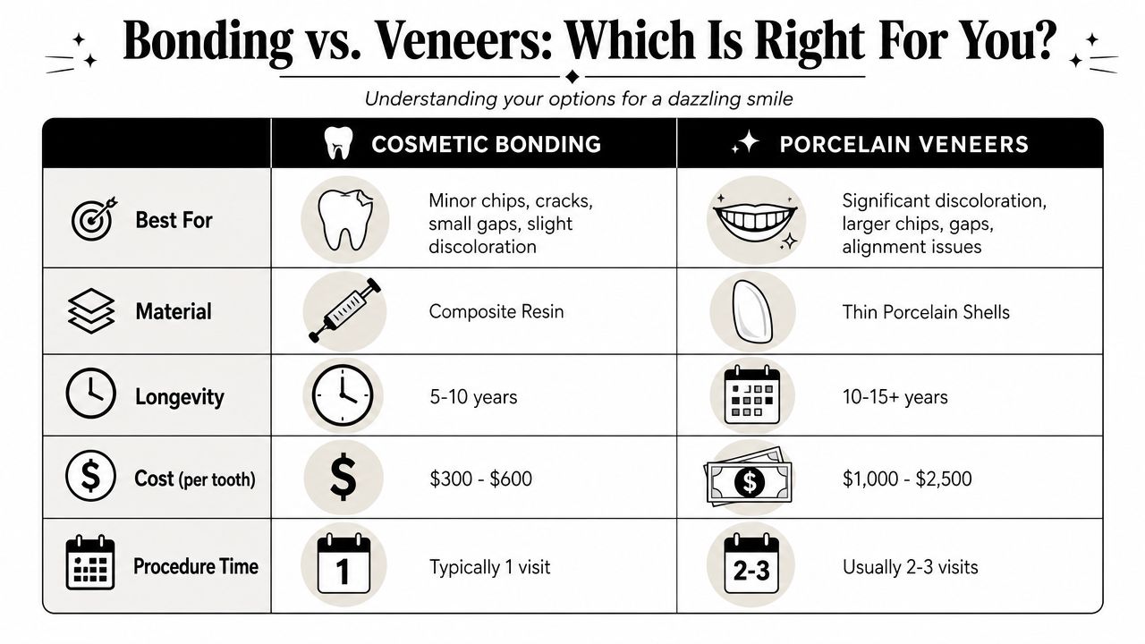 Comparison chart: cosmetic bonding versus porcelain veneers for smile improvement.