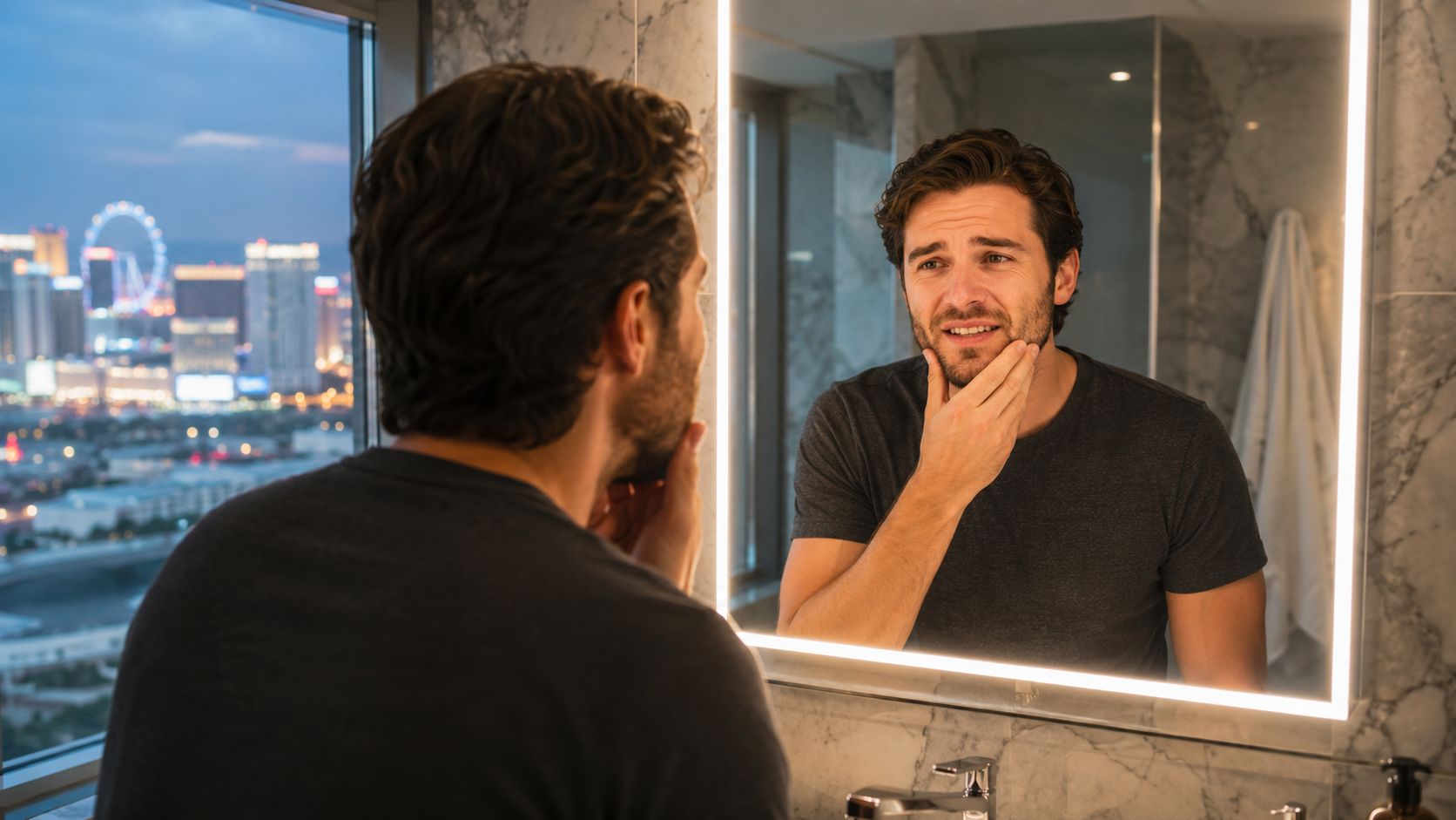 Man examining front tooth in bathroom mirror considering cosmetic bonding or veneers.