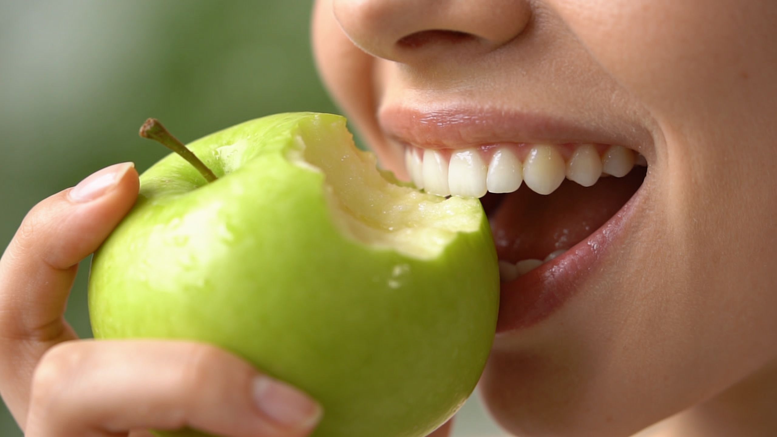 A close-up shot of a woman with white cosmetic crowns biting into a crisp green apple.