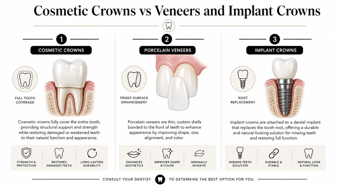 An infographic comparing cosmetic crowns, porcelain veneers, and implant crowns, highlighting their differences and primary dental uses.
