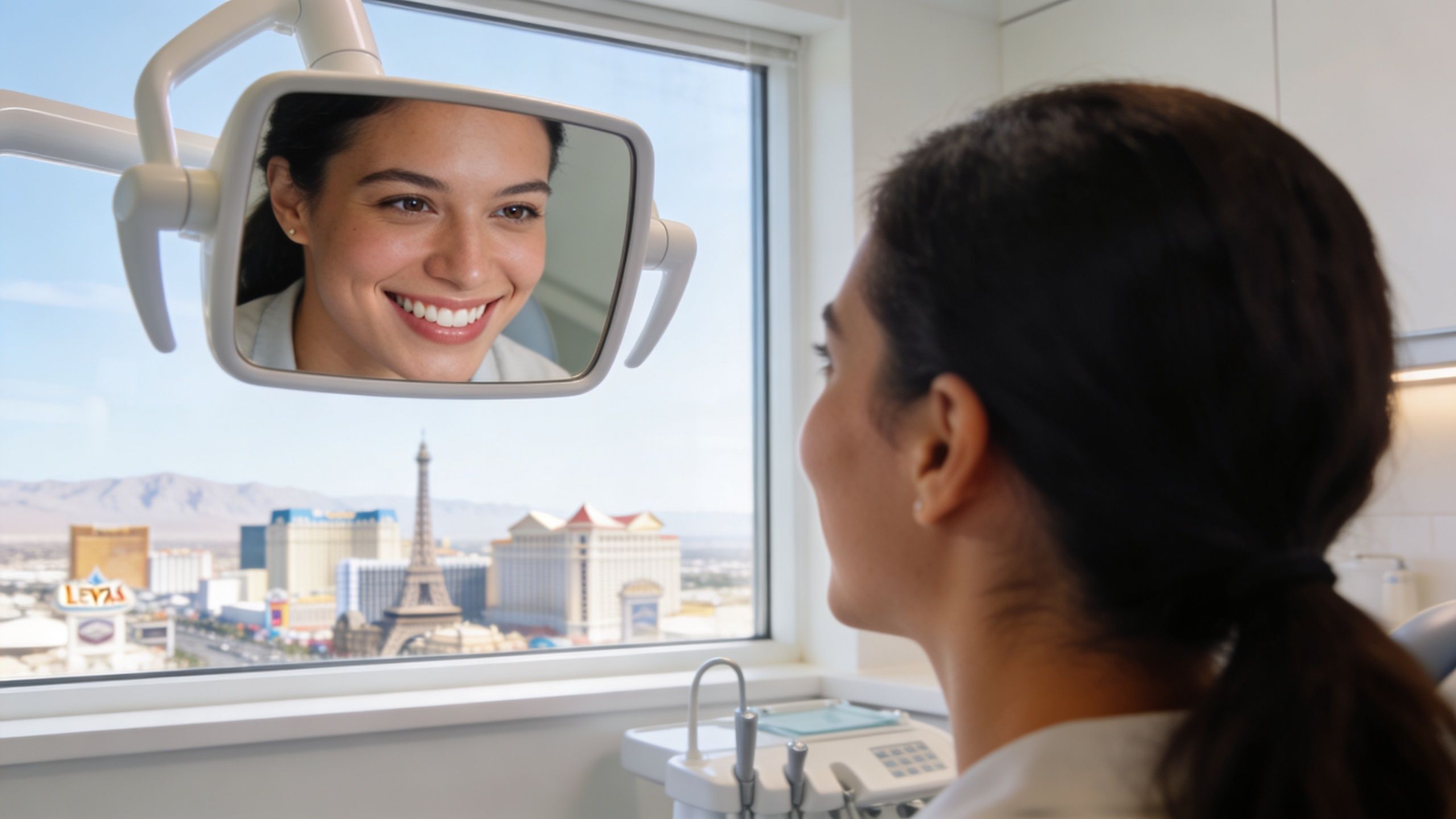 A woman smiling at her reflection in a dental clinic mirror with a view of Las Vegas