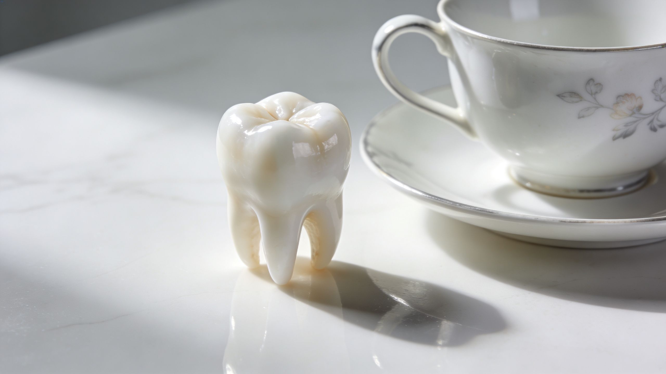 A large, realistic ceramic tooth model sits on a marble surface next to a white teacup.