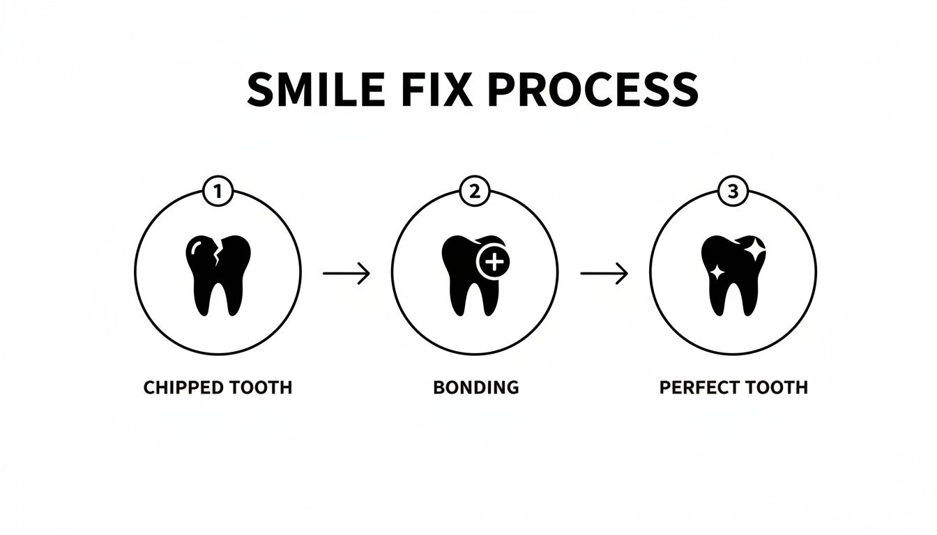 A diagram illustrating the smile fix process: a chipped tooth repaired through bonding becomes a perfect tooth.