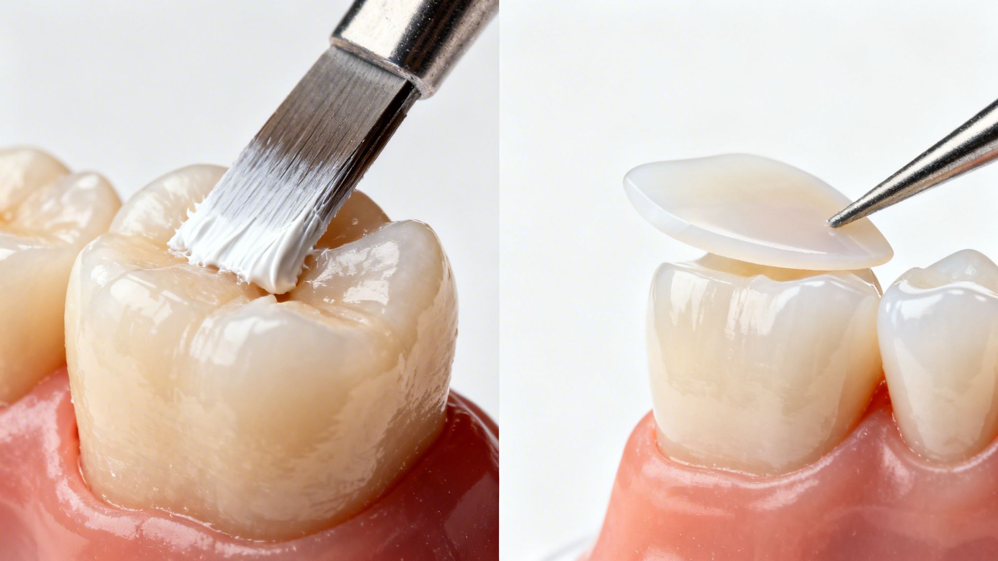 Close-up of a brush applying dental bonding and tweezers placing a ceramic veneer on teeth.