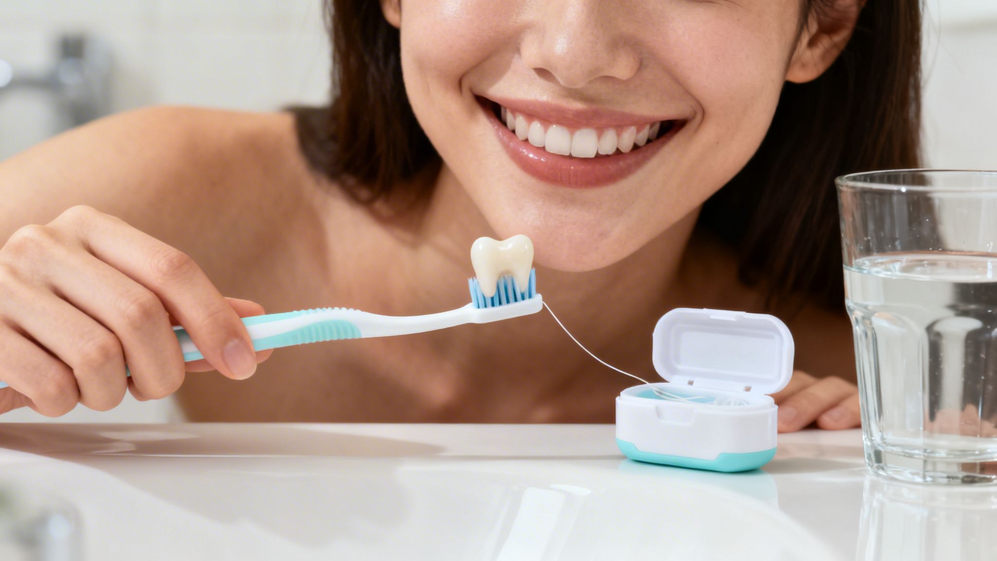Smiling woman demonstrates oral hygiene, holding a toothbrush with a model tooth and dental floss.