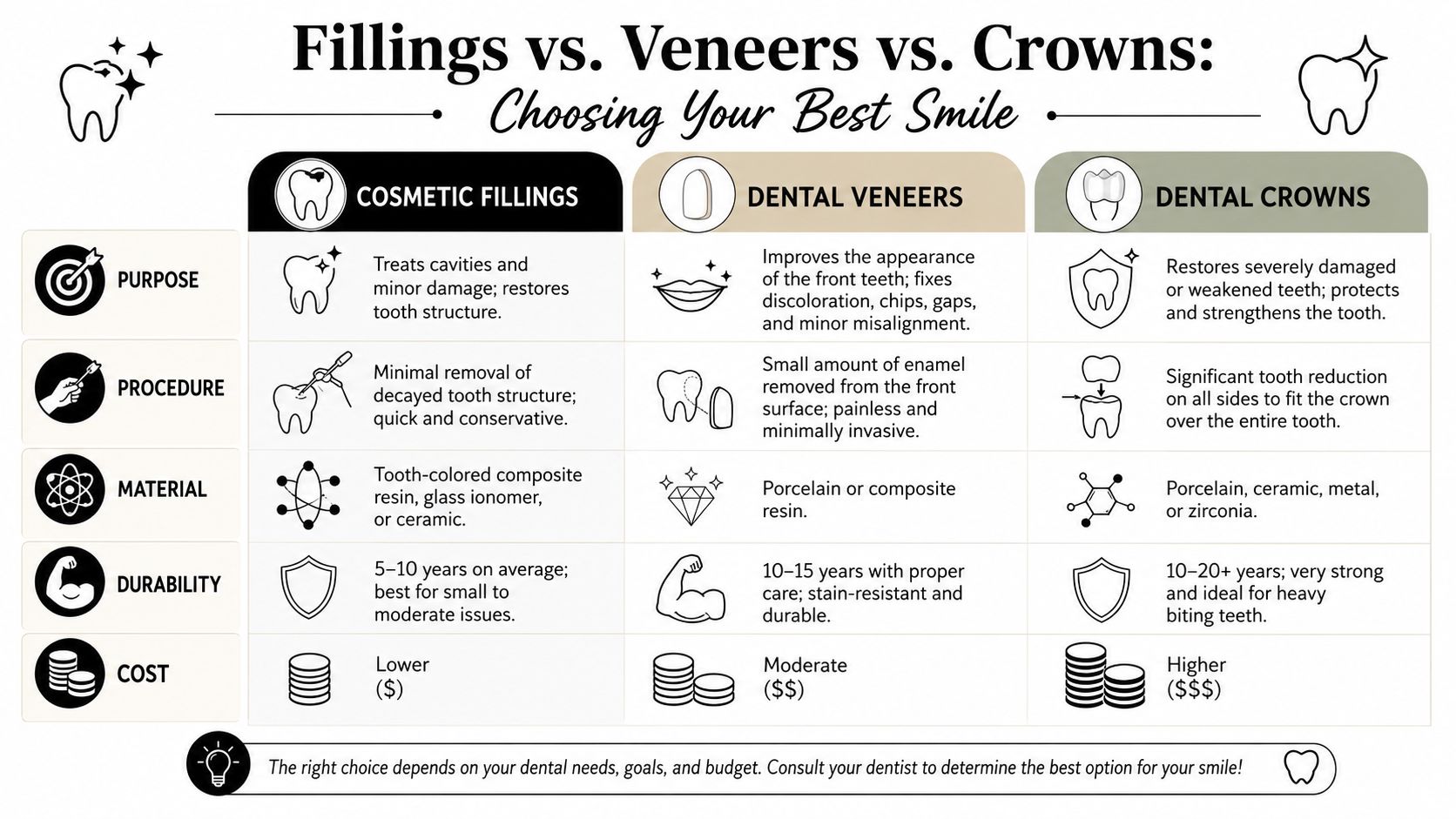 A comparison chart explaining the differences between cosmetic fillings, dental veneers, and dental crowns for patients.