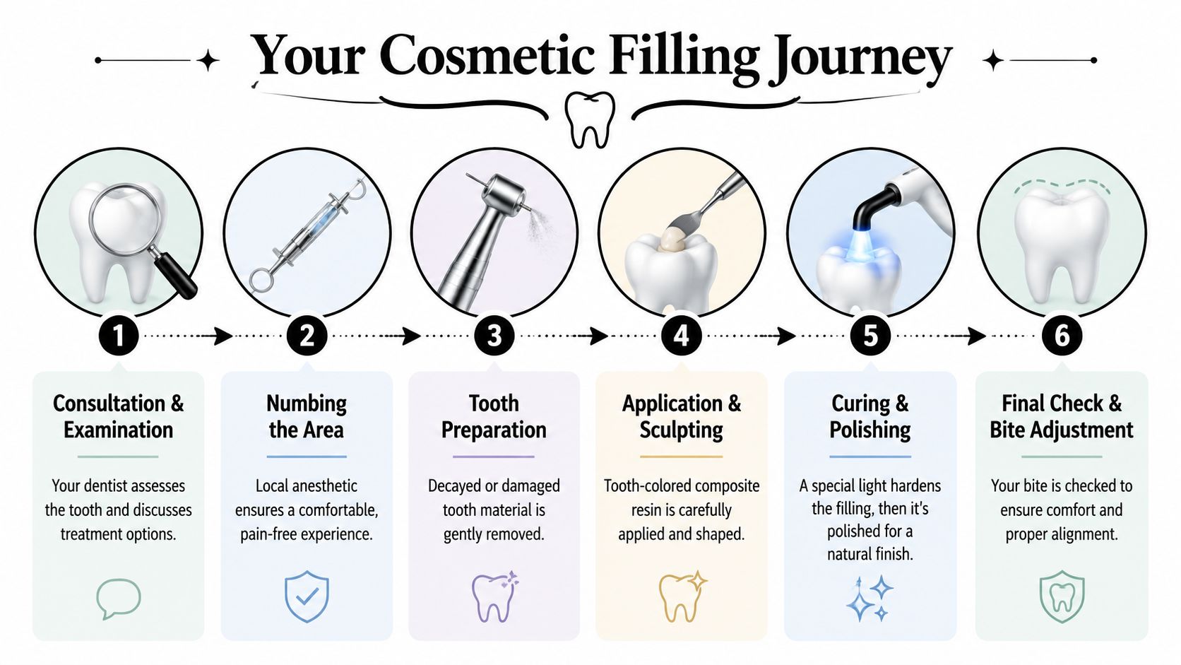 A step-by-step infographic illustrating the professional procedure for a cosmetic dental filling from examination to adjustment.