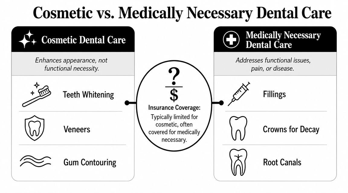 A comparison chart explaining the difference between cosmetic dental care and medically necessary dental care procedures.