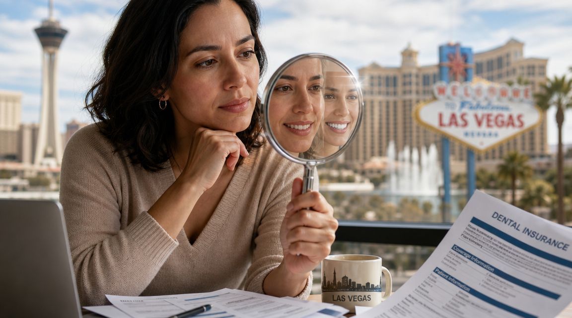 A woman looks at her smile in a hand mirror while reviewing cosmetic dental insurance paperwork in Las Vegas.