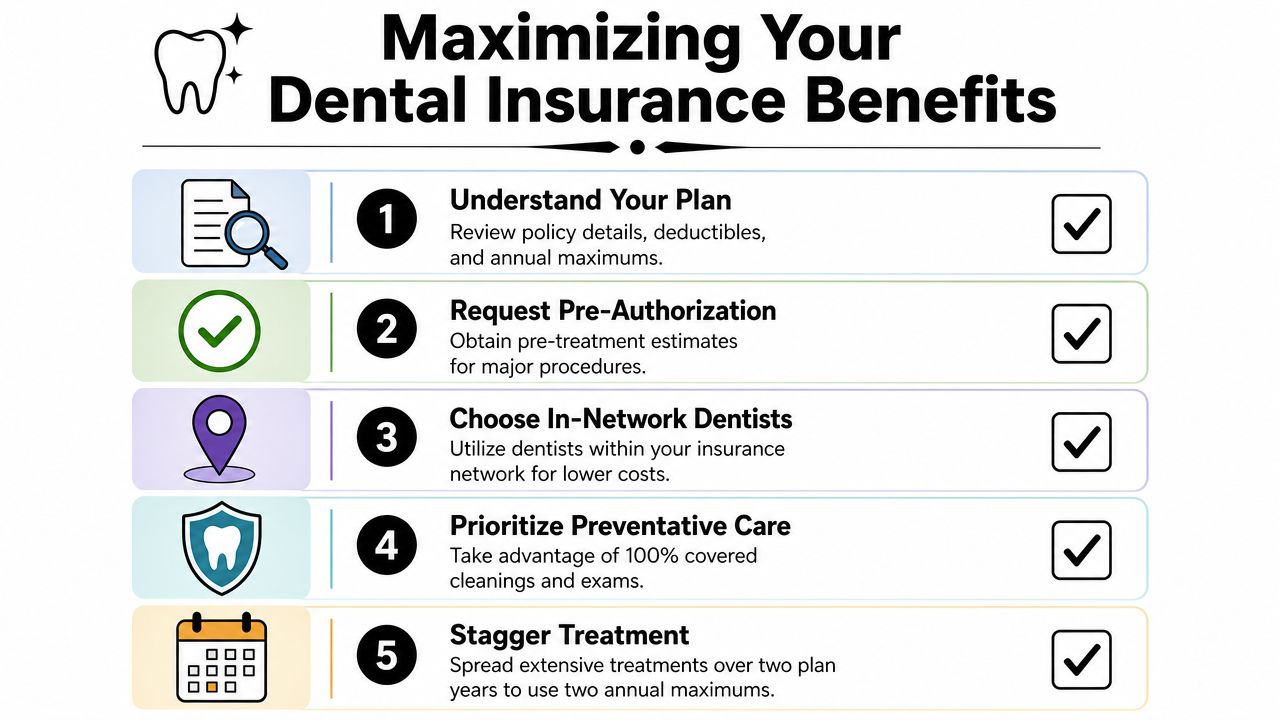 An infographic listing five tips for maximizing dental insurance benefits through preventive care and strategic planning.