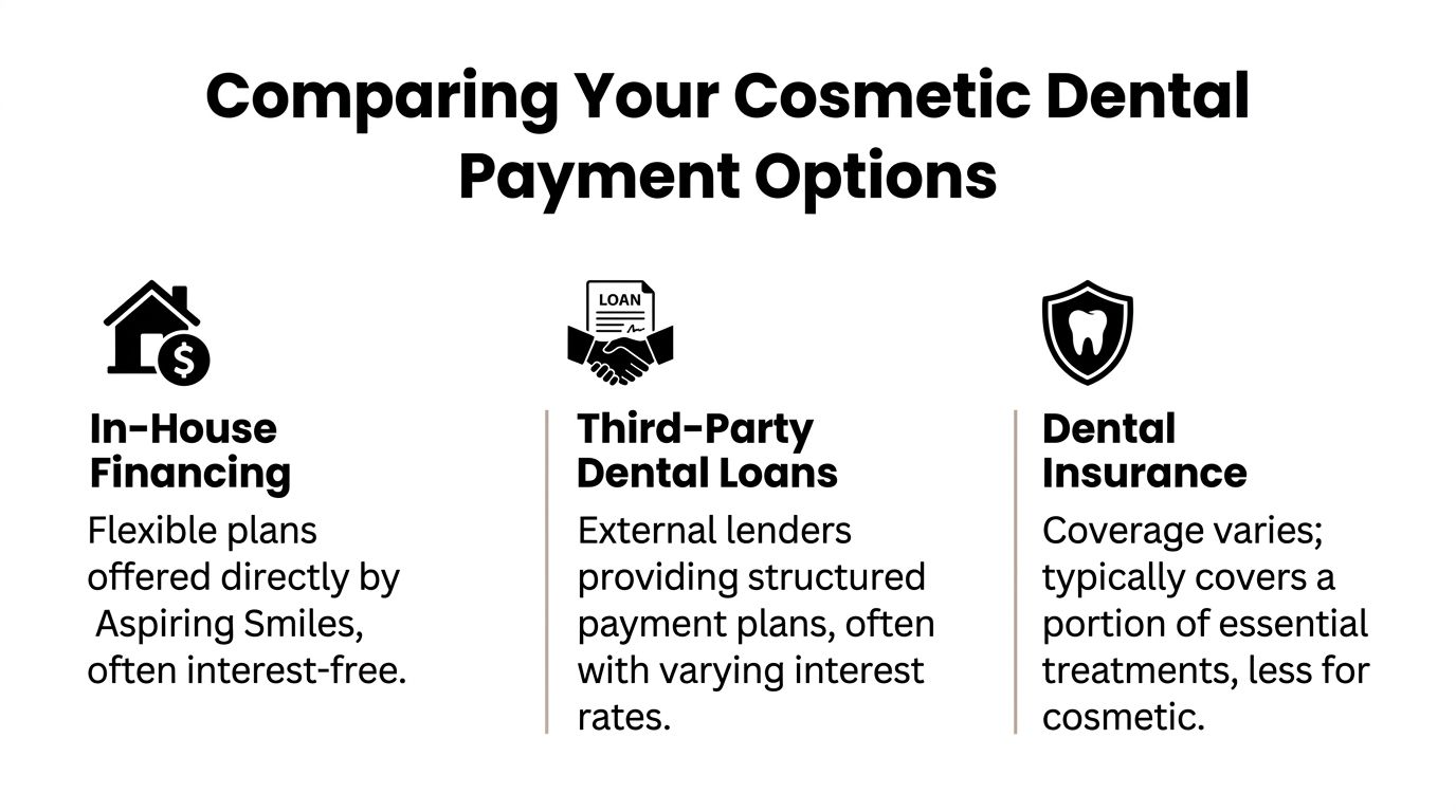 An infographic comparing three cosmetic dental payment options: in-house financing, third-party dental loans, and dental insurance plans.